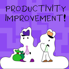 Text sign showing Productivity Improvement. Business photo text process of achieving more output from hour of work Figure of Two Men Standing with Pouch Bag on White Sticker Style Snow Effect