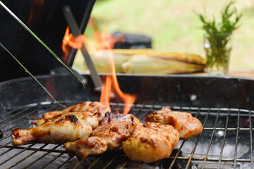 Roasted chicken drum stick, chest and sirloin beef with flame on charcoal stove