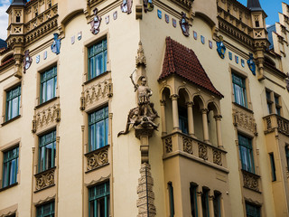 Beautiful facades on th architectural gems of the city of Prague in the Czech Republic
