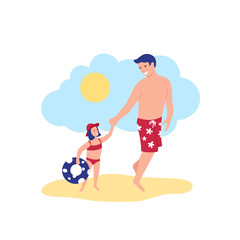 Happy Father and Daughter Going to the Sea in Swim Suits with Inflatabe Toy Circle Under the Blue Sky and Bright Sun. Flat Style Rest at a Beach Illustration.