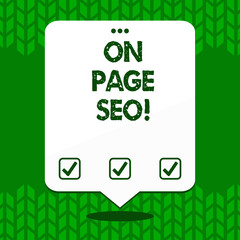 Writing note showing On Page Seo. Business concept for measures taken within website improve position search rankings White Speech Balloon Floating with Three Punched Hole on Top