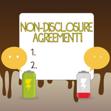 Handwriting text Non Disclosure Agreement. Conceptual photo parties agree not disclose confidential information Fully Charged and Discharged Battery with Two Colorful Emoji Speech Bubble