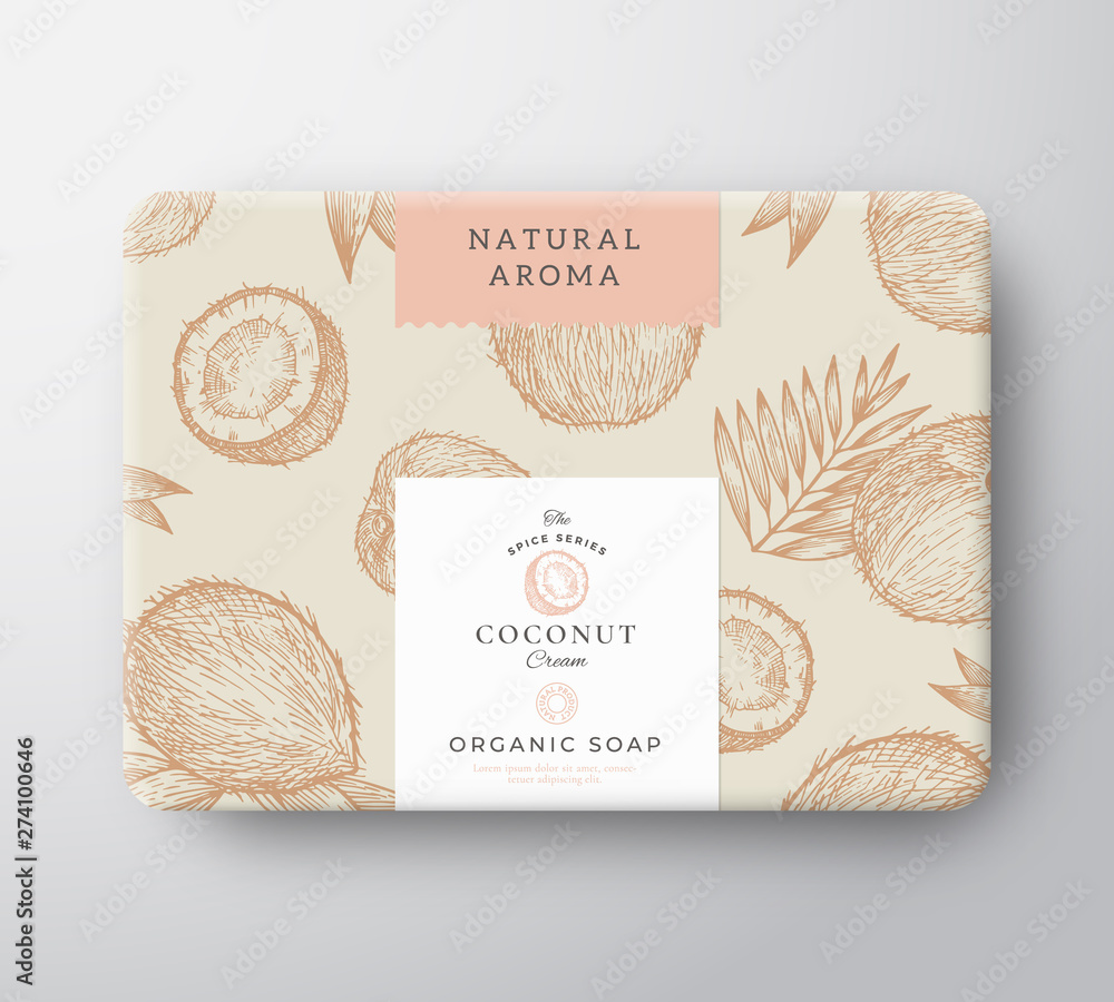 Wall mural coconut soap cardboard box. abstract vector wrapped paper container with label cover. packaging desi