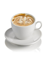 hot cappuccino with milk froth decorated by hand, isolated on white background