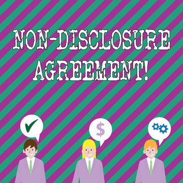 Text sign showing Non Disclosure Agreement. Business photo showcasing parties agree not disclose confidential information Businessmen Each has their Own Speech Bubble with Optimization Cost Icons