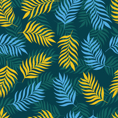 Fototapeta premium Palm leaves seamless patterns on black background