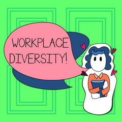 Word writing text Workplace Diversity. Business photo showcasing include race gender religion and sexual orientation Girl Holding Book with Small Hearts Around her and Two Color Speech Bubble