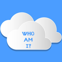 Word writing text Who Am I Question. Business photo showcasing when asking about your identity and demonstratingality properties Blank White Fluffy Clouds Cut Out of Board Floating on Top of Each