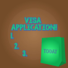 Word writing text Visa Application. Business photo showcasing conditional authorization granted by country to foreigner Color Gift Bag with Punched Hole but Without Handle on Twotone Blank Space