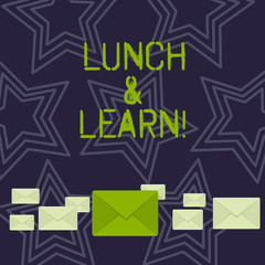 Handwriting text Lunch And Learn. Conceptual photo defiend as seminar offered during free lunch to test it Pastel Color Closed Envelopes in Different Sizes with Big one in the Middle