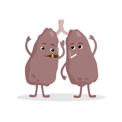 Lungs Cartoon characters smoking and having Bad health, lung cancer. Impact of cigarettes to lungs concept vector illustration isolated on white background.