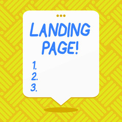 Conceptual hand writing showing Landing Page. Concept meaning web which serves as entry point for particular website White Speech Balloon Floating with Three Punched Hole on Top