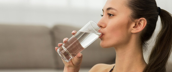 Healthy Liquid. Woman Drinking Cold Still Water From Glass - obrazy, fototapety, plakaty