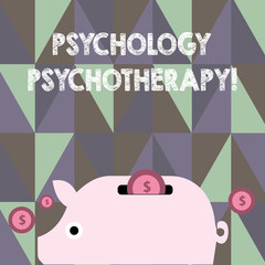 Text sign showing Psychology Psychotherapy. Business photo showcasing treatment of mental disorder by psychological means Colorful Piggy Money Bank and Coins with Dollar Currency Sign in the Slit