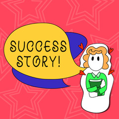 Conceptual hand writing showing Success Story. Concept meaning story of demonstrating who rises to fortune or brilliant achievement Girl Holding Book with Hearts Around her and Speech Bubble