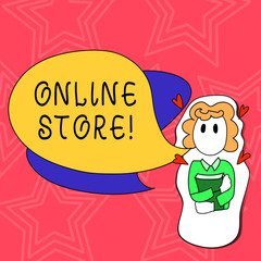 Conceptual hand writing showing Online Store. Concept meaning website by means of which goods or services sold over Internet Girl Holding Book with Hearts Around her and Speech Bubble