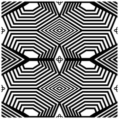 Vector graphic of monochrome repeating pattern of distorted hexagons and filling elements.