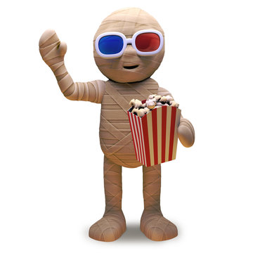 Cartoon Egyptian mummy wears 3d glasses and eats popcorn at the movie, 3d illustration