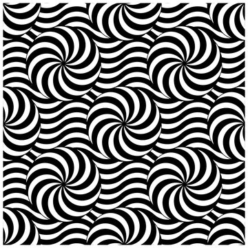 Seamless vector graphic of monochrome repeating pattern of circles spiralling to a centre point with a background of wavy lines.