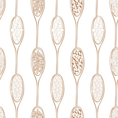 Hand drawn wooden spoons with spices. Vector  seamless pattern