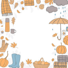 Autumn background with umbrella, rubber boots and leaves