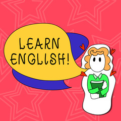 Conceptual hand writing showing Learn English. Concept meaning gain or acquire knowledge in new language by studying Girl Holding Book with Hearts Around her and Speech Bubble