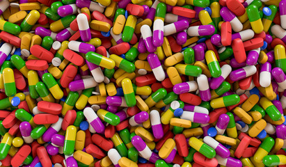 Fototapeta na wymiar A lot of colorful medication and pills from above. 3D rendering illustration