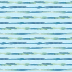 Watercolor seamless pattern with stripes. Hand painted sea or ocean abstract horizontal texture isolated on pastel blue background. Aquatic illustration for design, print or background.