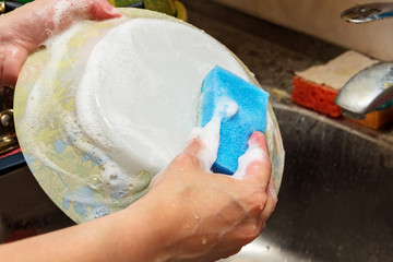 Fototapeta premium A woman washes a deep soup plate.