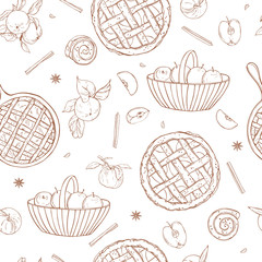 Vector seamless pattern with  apple pie. Sketch  illustration.
