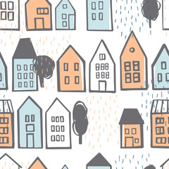 Fototapeta premium Hand drawn cute houses. Vector seamless pattern.