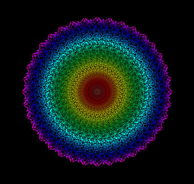 Circle mandala. Colorful rainbow pattern on a black background. Spiritual esoteric symbol. Vector graphics.