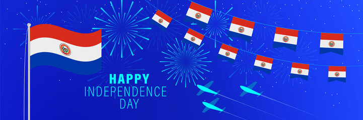 May 15 Paraguay Independence Day greeting card. Celebration background with fireworks, flags, flagpole and text.