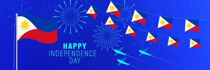 June 12 Philippines Independence Day greeting card. Celebration background with fireworks, flags, flagpole and text.