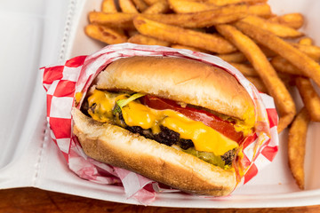 Cheeseburger wrapped in Red Plaid Paper in Stryrofoam Box with French Fries