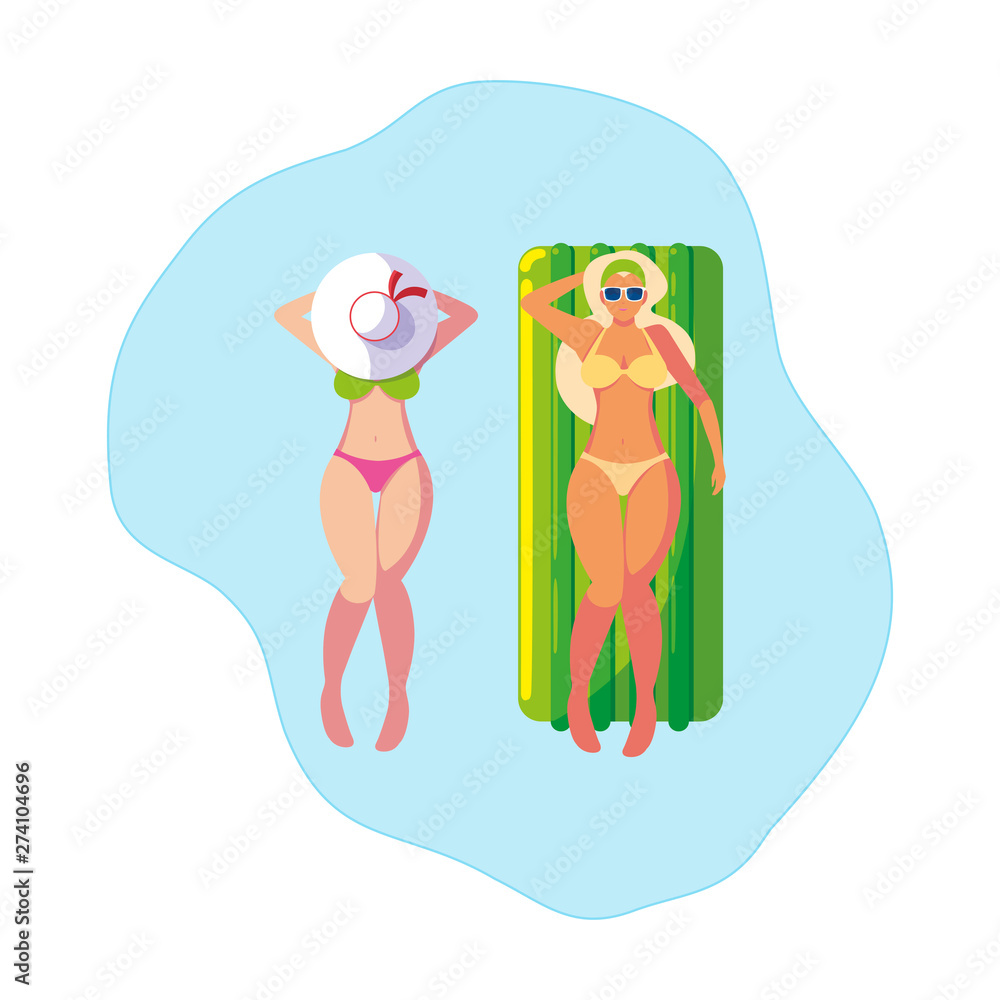 Sticker beautiful girls with float mattress floating in water