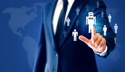 Successful businessman hand touch virtual robot AI represents a substitute for human work.