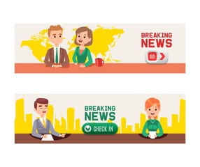 Breaking news on Television set of banners vector illustration. Anchor TV presenters man and woman. News announcers with paper script on hot news desk in studio, live broadcasts for viewers.