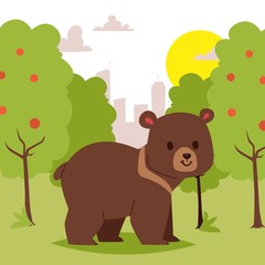 Obraz na płótnie Canvas Wild cartoon animal bear walking in green area on city background banner vector illustration. Beautiful nature scene. Cute funny Bear Character Standing among trees with apples in park.