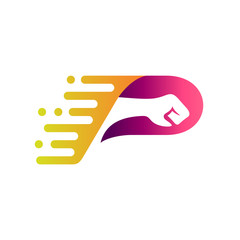 fast hand punching logo design inside letter P with movement shape