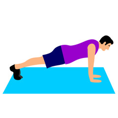 Young man of light skin doing exercises in the gym. Fit man doing exercises  for body warming or exercises for spine . Full of color flat vector illustration. 