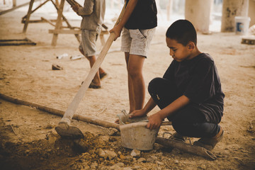 Against child labor, Poor children, construction work, labor work in the construction site, ...