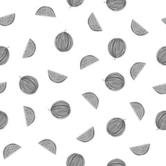 Fototapeta na wymiar Watercolor seamless pattern of black and white watermelon with piecies on white background. Pattern for printing on textile, fabric and wrapping paper