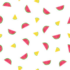 Watercolor seamless pattern of fresh red and yellowwatermelon piecies on white background. Pattern for printing on textile, fabric and wrapping paper