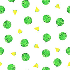 Watercolor seamless pattern of fresh yellow watermelon with piecies on white background. Pattern for printing on textile, fabric and wrapping paper