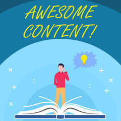 Handwriting text Awesome Content. Conceptual photo you are satisfied and happy about what book move contain Man Standing Behind Open Book, Hand on Head, Jagged Speech Bubble with Bulb