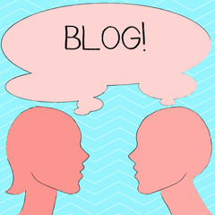 Writing note showing Blog. Business concept for regularly updated website web page run by individual or group Silhouette Sideview Profile of Man and Woman Thought Bubble