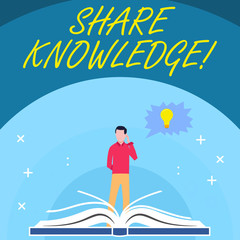 Handwriting text Share Knowledge. Conceptual photo exchanged among showing friends families communitiesor Man Standing Behind Open Book, Hand on Head, Jagged Speech Bubble with Bulb