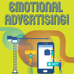 Text sign showing Emotional Advertising. Business photo text persuasion method used to create emotional feedback Staff Working Together for Common Target Goal with SEO Process Icons
