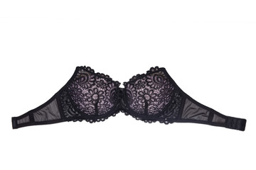 Bra isolated. Closeup of beautiful female stylish black bra with laces and straps isolated on a...